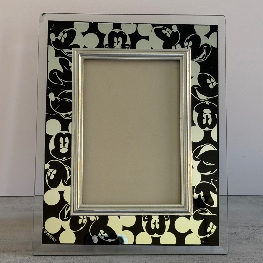 Vintage Disney Mickey Mouse Glass Photo Frame Dale Tiffany Inc Black Silver 4x6
